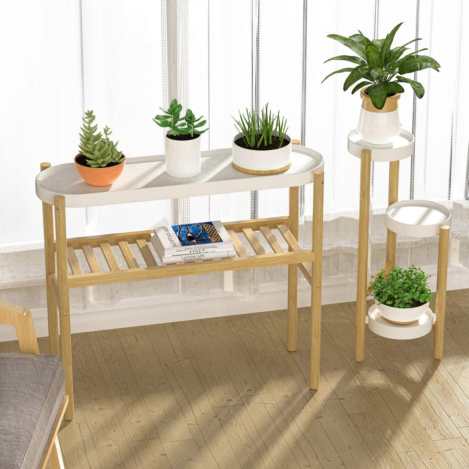 JQ Small Desk Display Cubby Top Expandable Counter Bookcase Bamboo Desktop Bookshelf with Anti-Slip Pads for Office Supplies detail