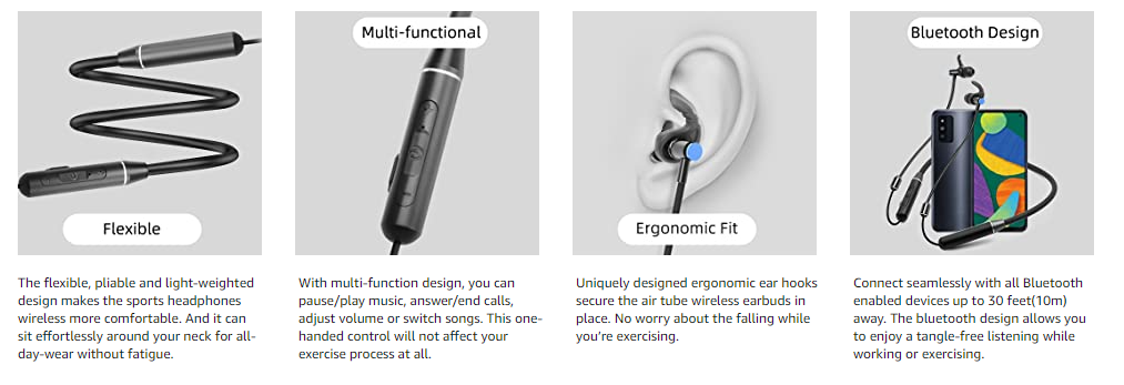 Anti-Radiation Wireless Semi-in-Ear Sport Earbuds Active Noise Cancellation (ANC) IPX2 Waterproof for V4.0 Stereo Sound detail
