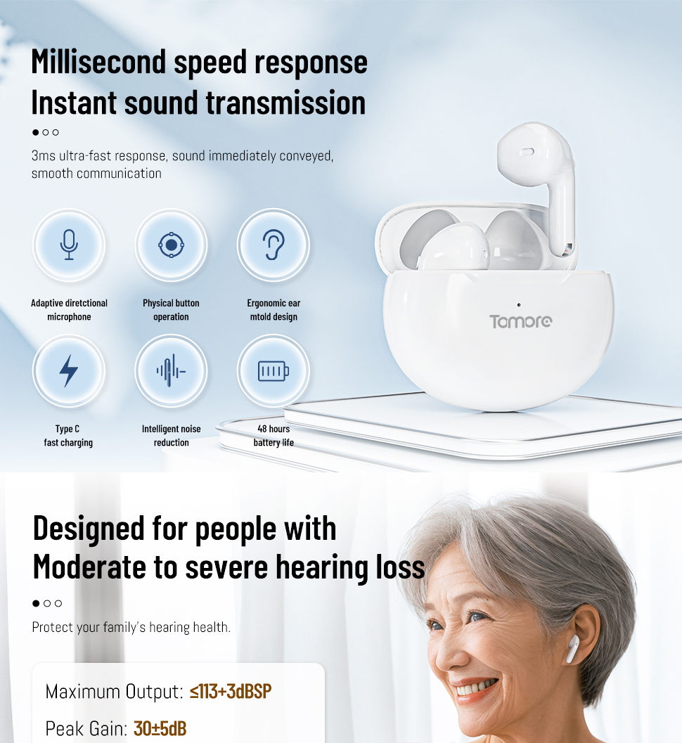 Rechargeable TWS Hearing Aid IPX4 Waterproof with Noise Cancelling for Elderly and Healthcare Professionals detail