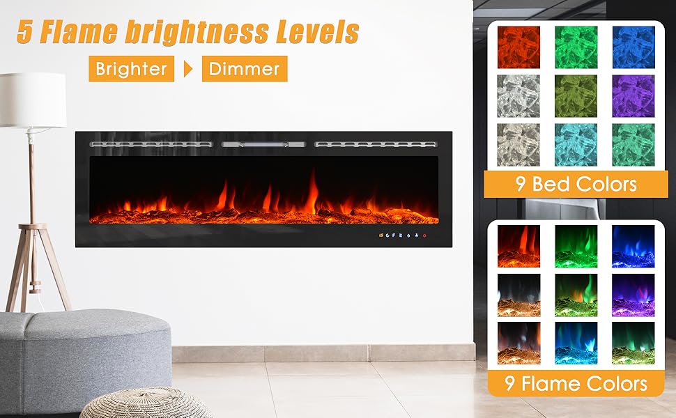 Kalsubo 70" Electric Fireplace Insert 750W 1500W Wall Mount LED Heater Glass View Touch Screen & Remote Control Black detail