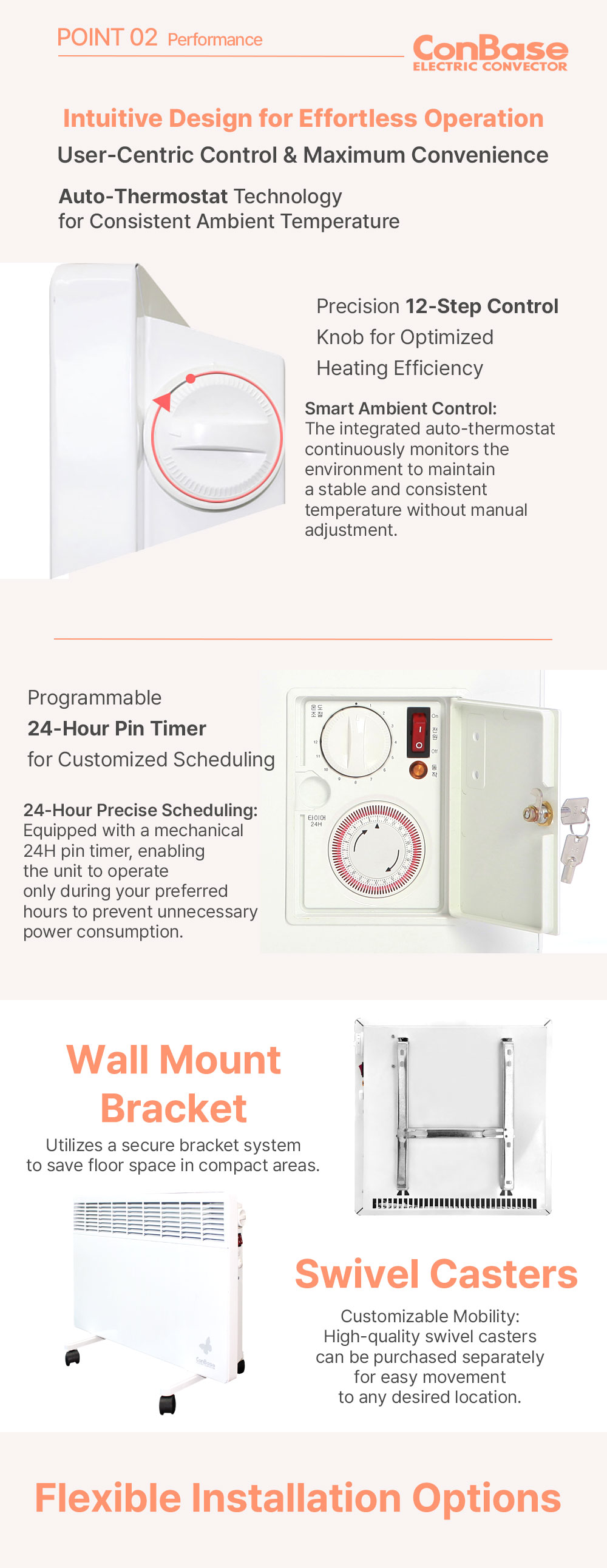Conbase Wall Mounted & Freestanding Electric Convector Home Heater with Programmable Timer and Mechanical Control detail
