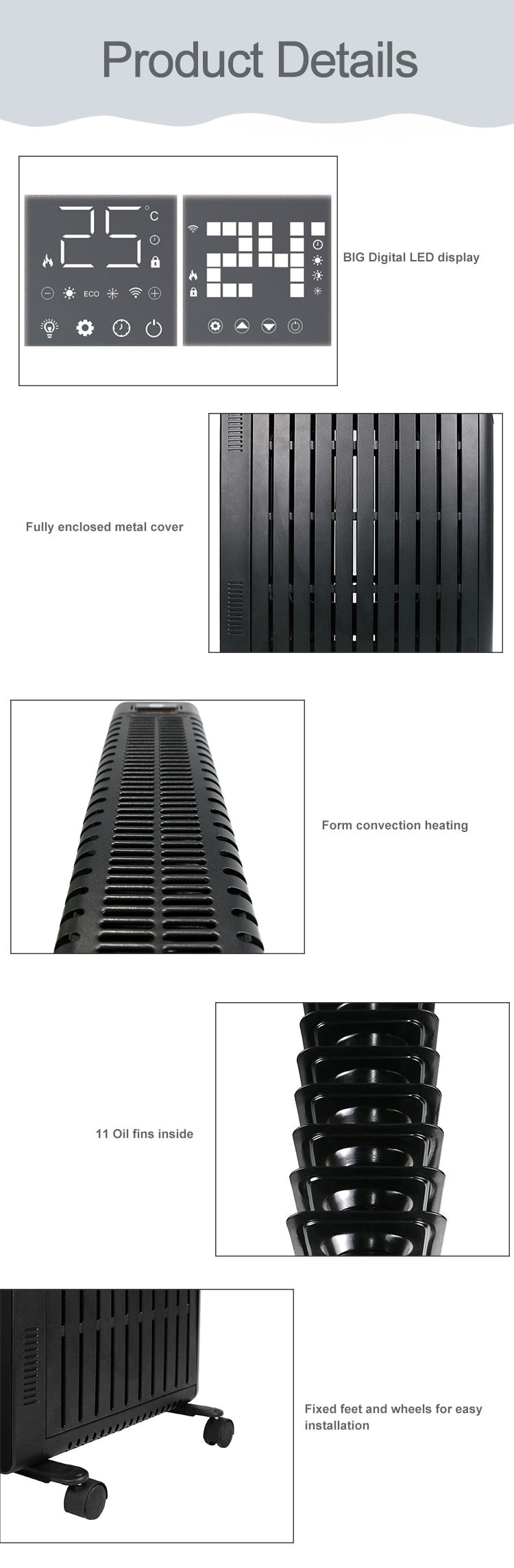 OEM 2000w Portable Remote Control Hotel Room Full Cover Electric Oil Heater Manufacturers detail