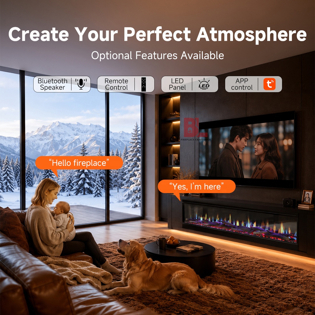 Virtual 3d Chimeneas Decorativas Wall Mounted Holographic Linear 3 Sided Fireplace LCD WiFi Modern Electric Fireplace Heater product view