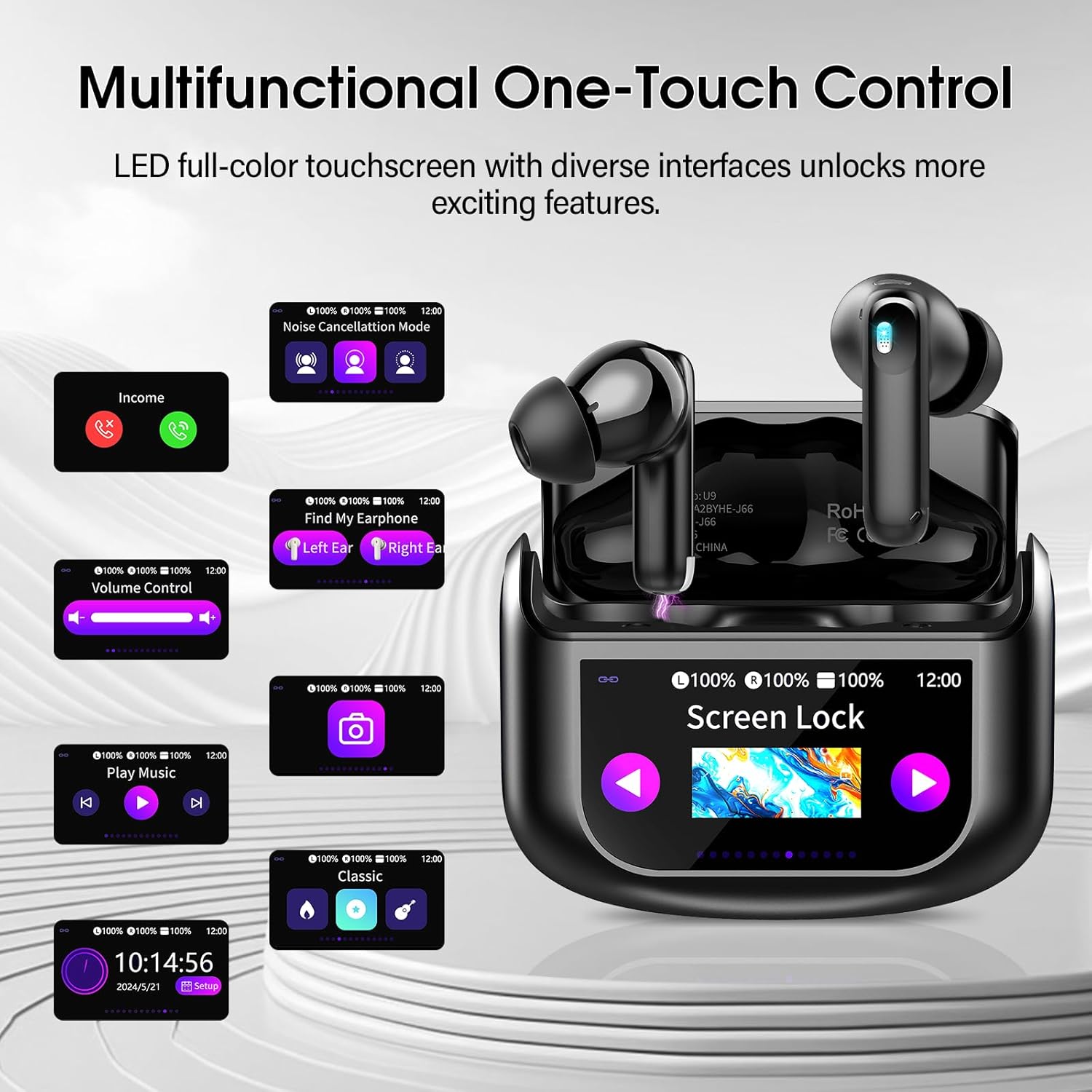 HE-076D Wireless Earbuds Bluetooth 5.4 Headphones Multi Function Touch Screen Tws Earbuds with 4 Mic Noise Cancelling Ear Buds product view