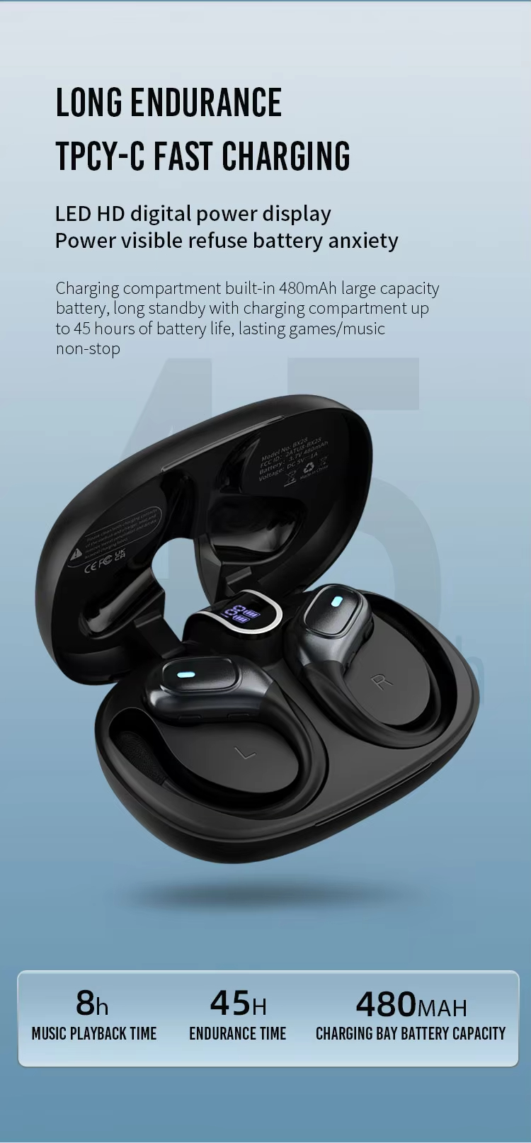 Wireless Earbuds TWS Earphones Headphones JL BT5.4 45H Battery 10mm Driver Digital Display IPX5 Ergonomic Fit Type-C Auto Charge detail