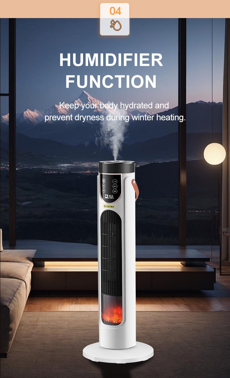 Factory 2000W Remote PTC Heater with Humidifier Small Cylindrical Fan Heater Flame Effect Touch Screen LED Hotel Commercial detail