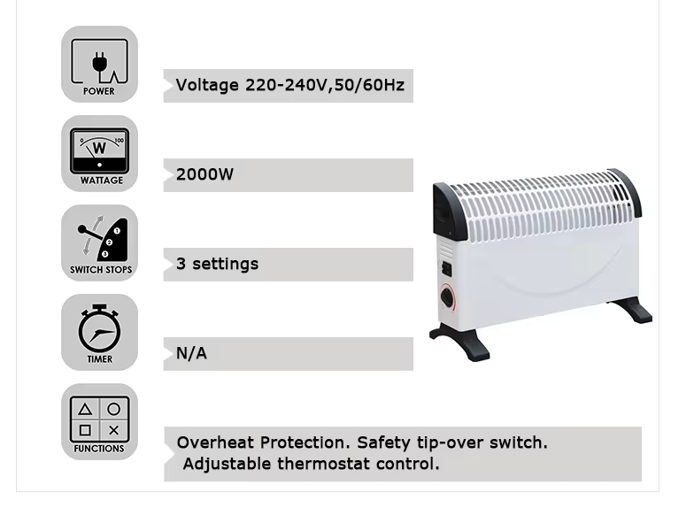 Premium Convection Heater Temperature Controller Plastic 2000W Energy Saving Portable Plug-in Electric Heater for Home Use detail