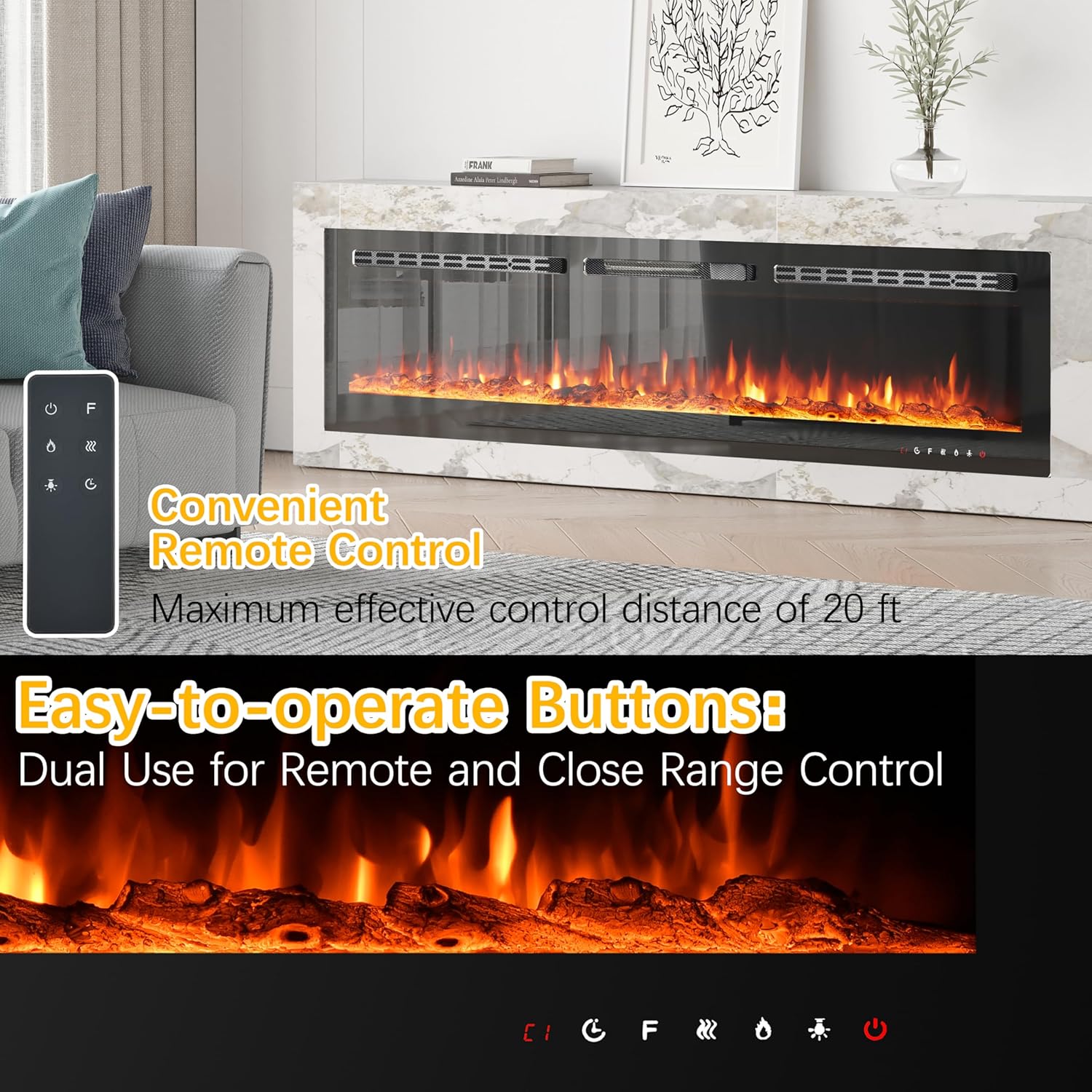 Kalsubo 70" Electric Fireplace Insert 750W 1500W Wall Mount LED Heater Glass View Touch Screen & Remote Control Black product view