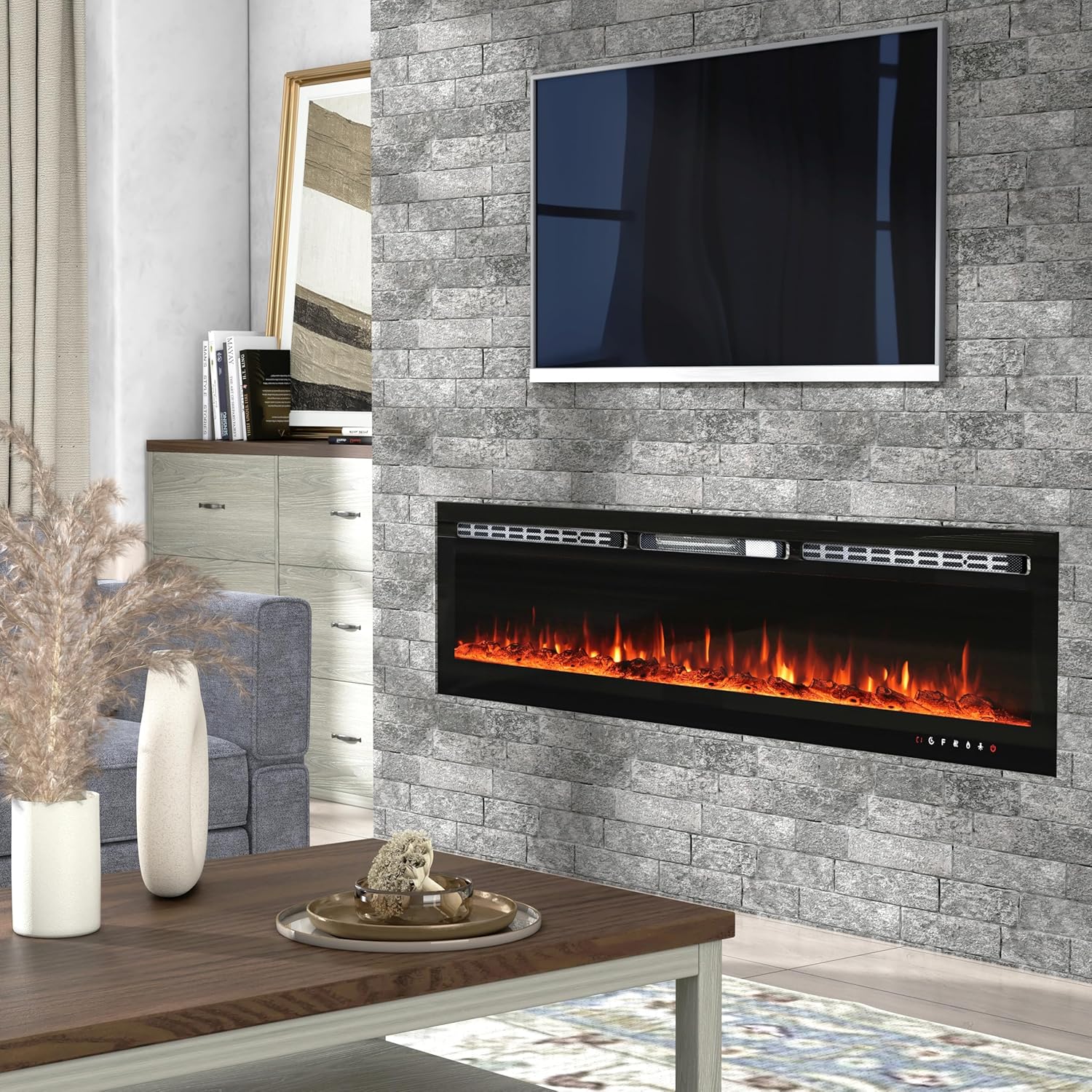 Kalsubo 70" Electric Fireplace Insert 750W 1500W Wall Mount LED Heater Glass View Touch Screen & Remote Control Black