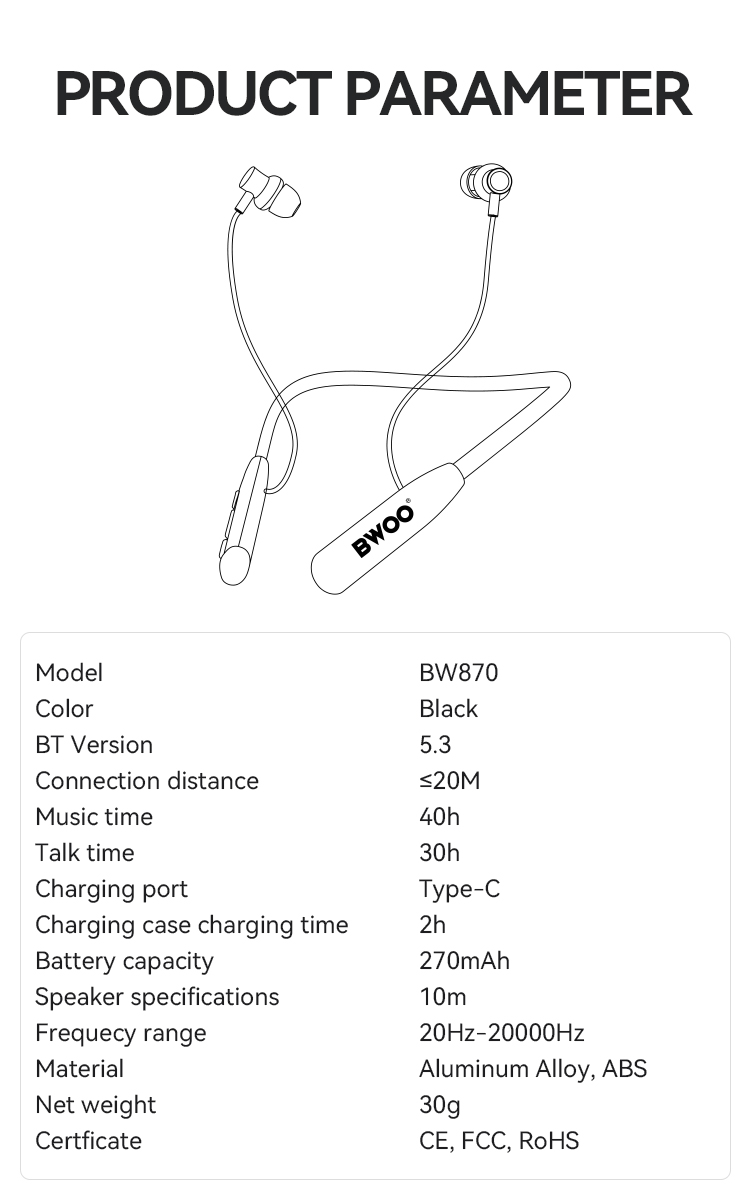 BWOO Wholesale Waterproof Sports Neckband Wireless Earphone BT 5.3 Type C Neck Band In-ear Tws Earbuds Headphones detail