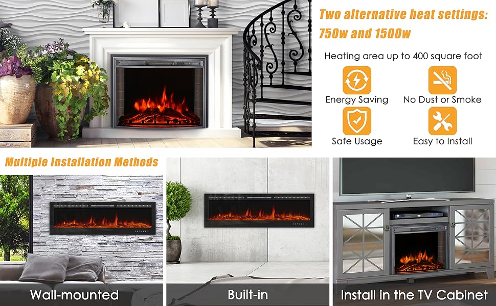 Kalsubo 70" Electric Fireplace Insert 750W 1500W Wall Mount LED Heater Glass View Touch Screen & Remote Control Black detail