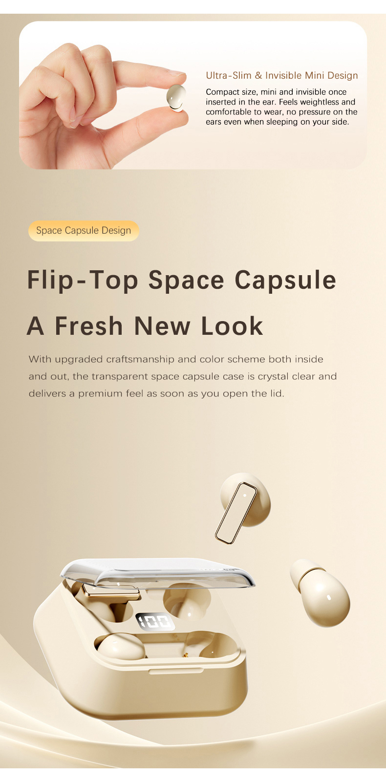Customizable Y42 2-in-1 Couple Design Wireless Earphones, Digital Display Earbuds, Comfort Fit for Side Sleeping & Daily Sharing detail