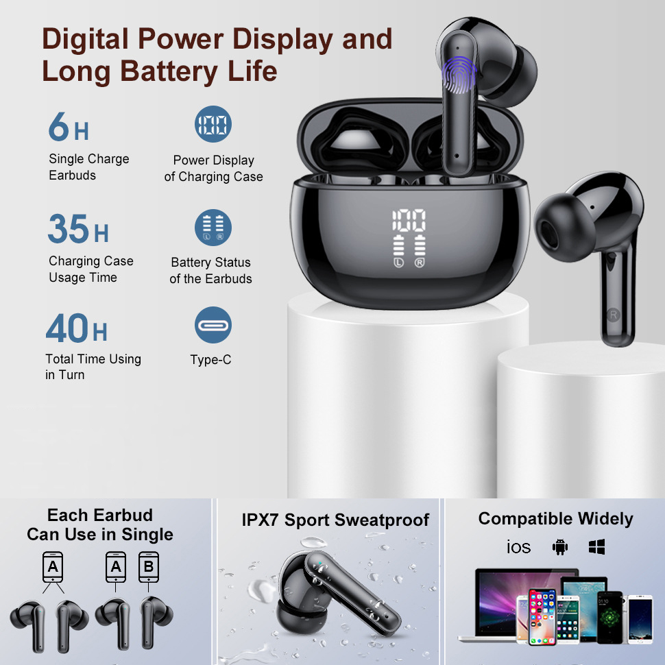Wireless Earbuds BT 5.3 Wireless Earbuds In-ear Wireless Earbuds Built-in Microphone Headphones with Deep Bass for Work Sports product view
