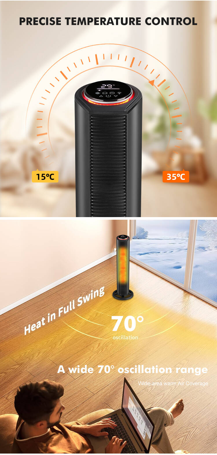 High Quality Electric TOWER HEATER Fan Remote Plastic Construction Three-Speed Adjustment Air Available Home ELECTRIC FAN HEATER detail