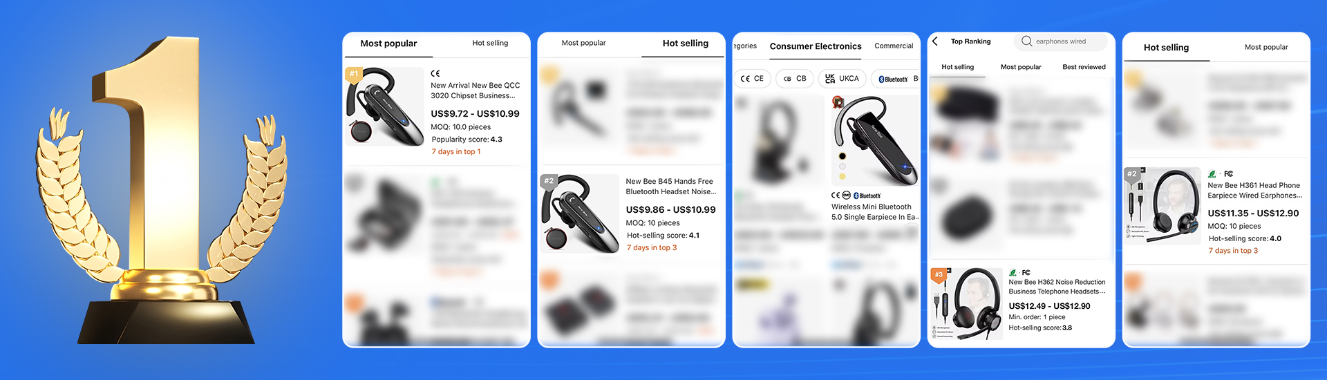 New Bee New Design Single Ear V5.0  Cell Phone Headset Wireless  Earpiece with 500mAh Charging Case detail