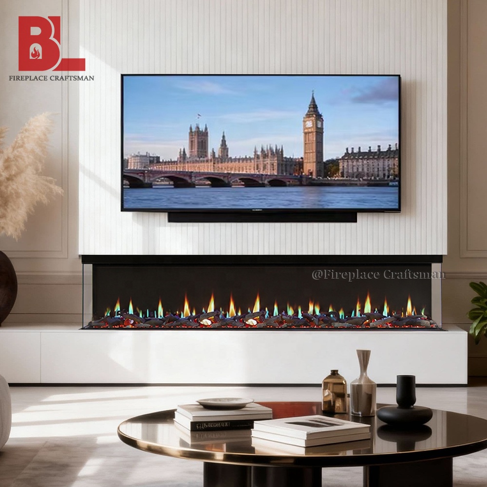 Virtual 3d Chimeneas Decorativas Wall Mounted Holographic Linear 3 Sided Fireplace LCD WiFi Modern Electric Fireplace Heater