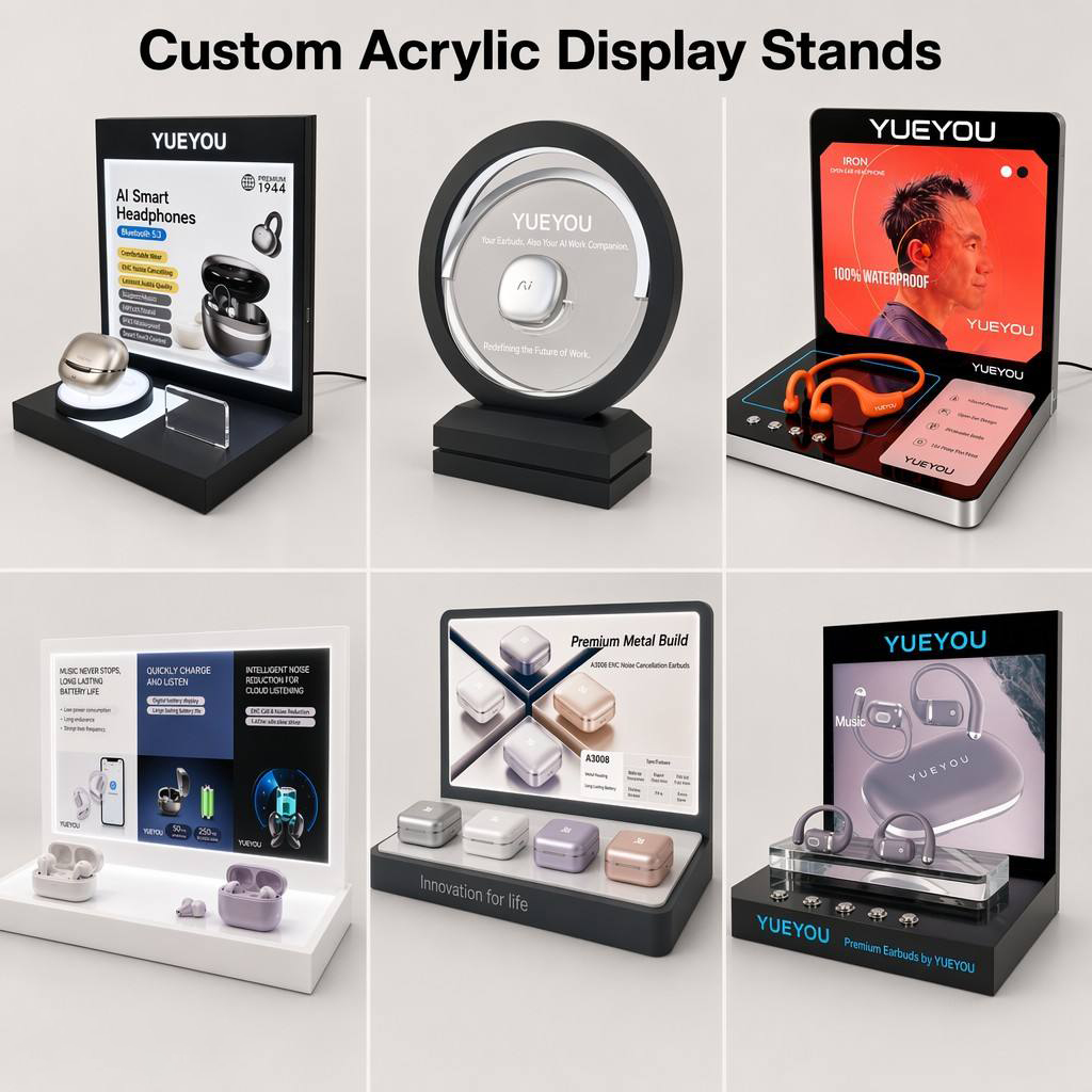 Custom OWS Open Ear Earbuds Display Stand Acrylic Shelf LED Light Guide Blue Ambient Backlight Brand Logo Wireless Earphone Easy product view