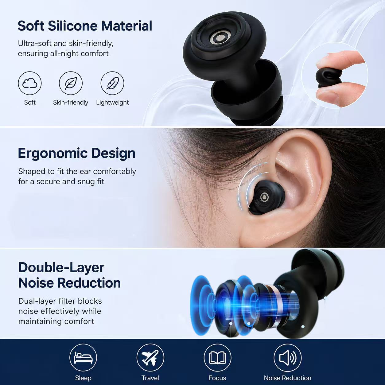 Wholesale Portable 50dB Anti Snoring Waterproof Soft Silicone Noise Cancelling Ear Plugs for Sleep Studying With Box detail