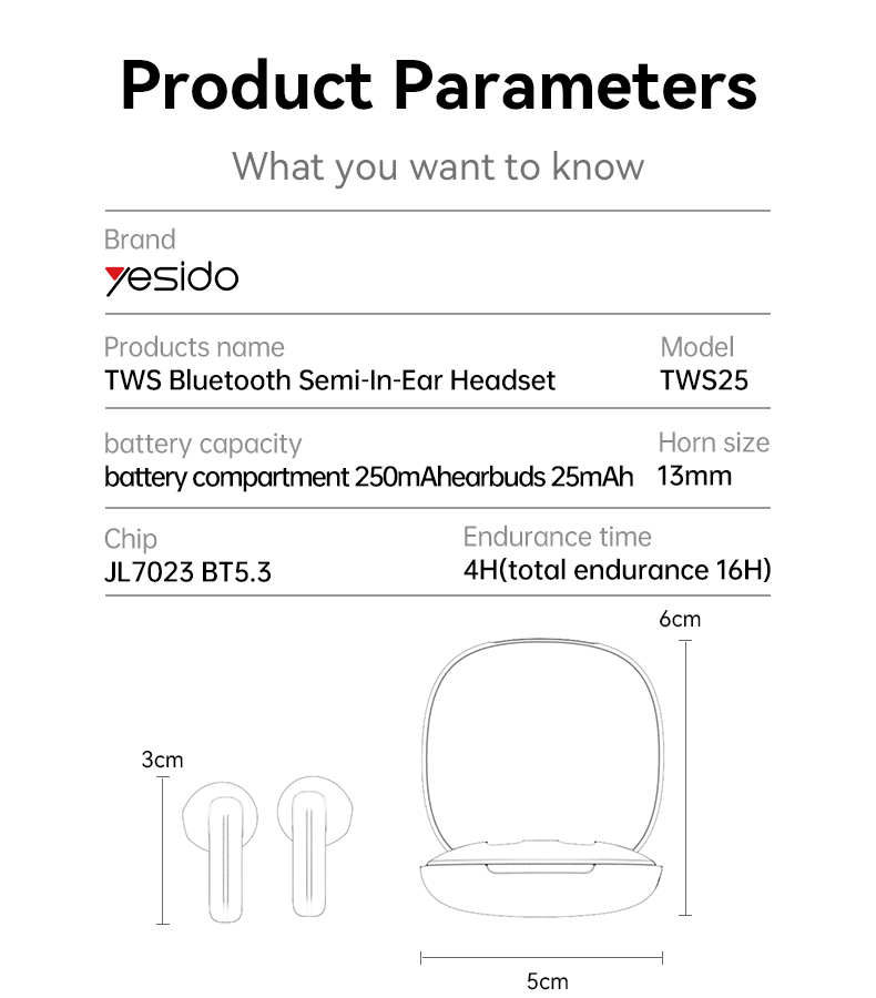 Yesido TWS25 BT5.3 TWS  With HD Microphone Without Delay Semi-In-Ear Headset Wireless Earphone Wireless Headphone product view