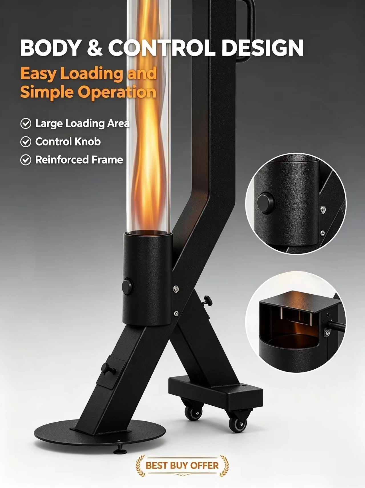 Modern Pellet Patio Heater  Outdoor Heater with Heat-Resistant Glass Tube Powder-Coated Black Base Plate Equipped with 2 Wheels detail