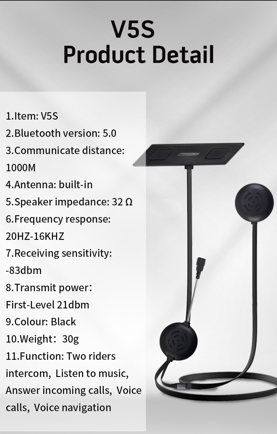 Hot Selling V5.1 2-Way 1000m Motorcycle Helmet Interphone Wireless Headset for Outdoor Cycling detail