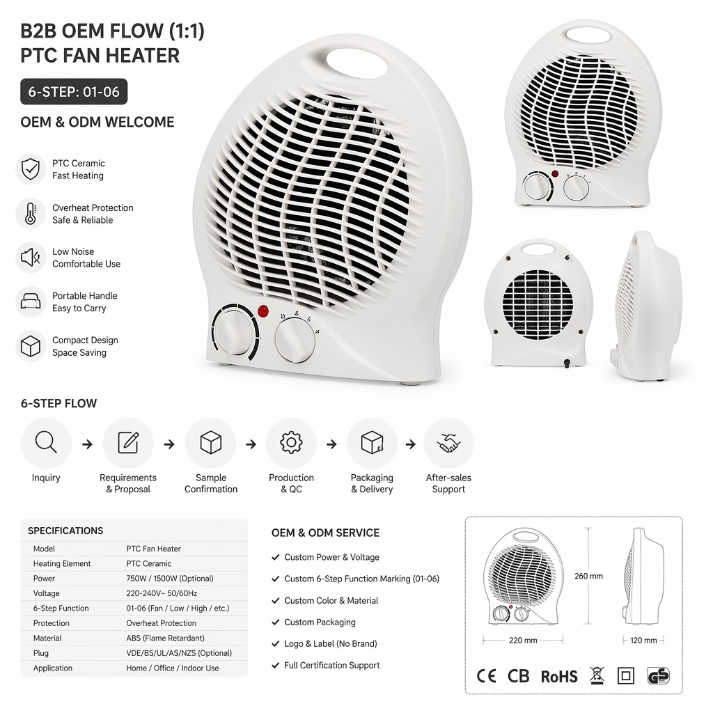 Portable Fan Heater Ceramic PTC Electric Space Room Heater 1000W 2000W 2 Heat Overheat Protection Safety Fuse VDE Desktop Office detail