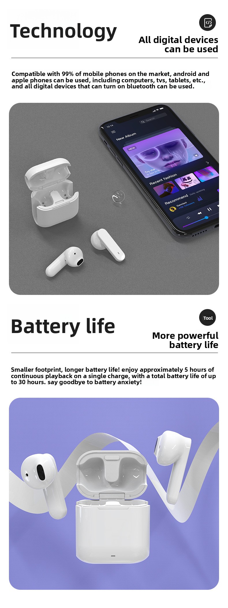 High-Value In-Ear Mini True Wireless for Earphones Lightweight Portable TWS for 5.0 Factory 10-15 Hours Battery Life detail