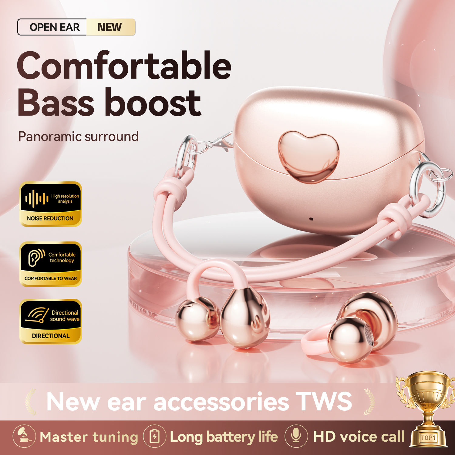 Small Bluetooth Earbuds Compact Earphones Waterproof Heart Shape Pearlescent Fashion Single-Piece Clip-on Earphones product view