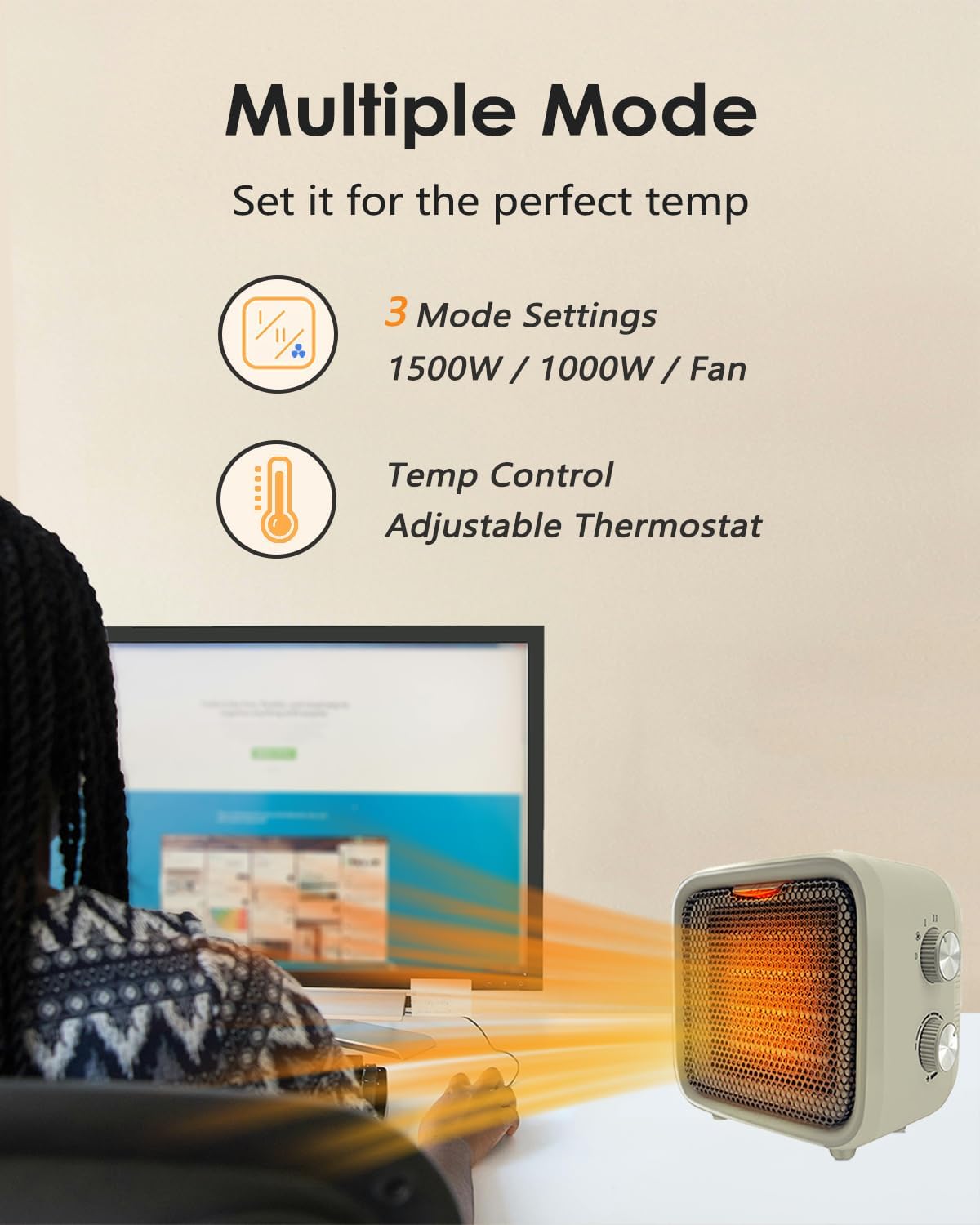 Portable PTC Electric Heaters Indoor With Thermostat Small Heater Space Heater With Heating and Fan Modes for Bedroom Office product view