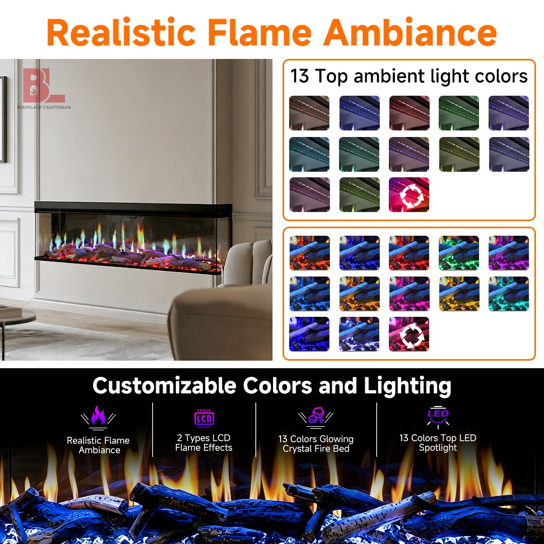 Virtual 3d Chimeneas Decorativas Wall Mounted Holographic Linear 3 Sided Fireplace LCD WiFi Modern Electric Fireplace Heater product view