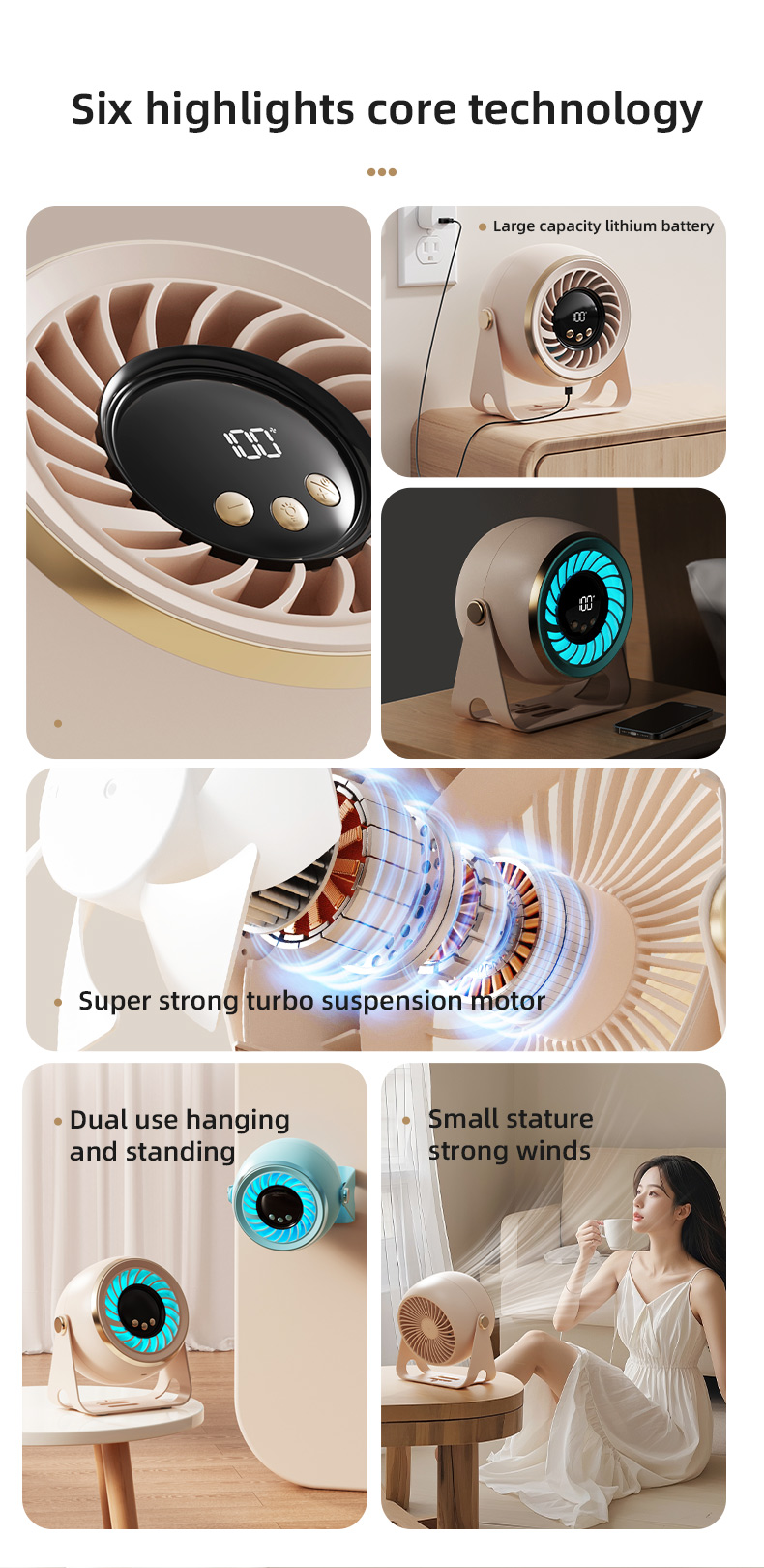 Wholesale Small Desktop Electric Fan Silent Plastic Turbine Circulation Wall Mount Charging Mini Portable Desk Air Cooling Fan detail