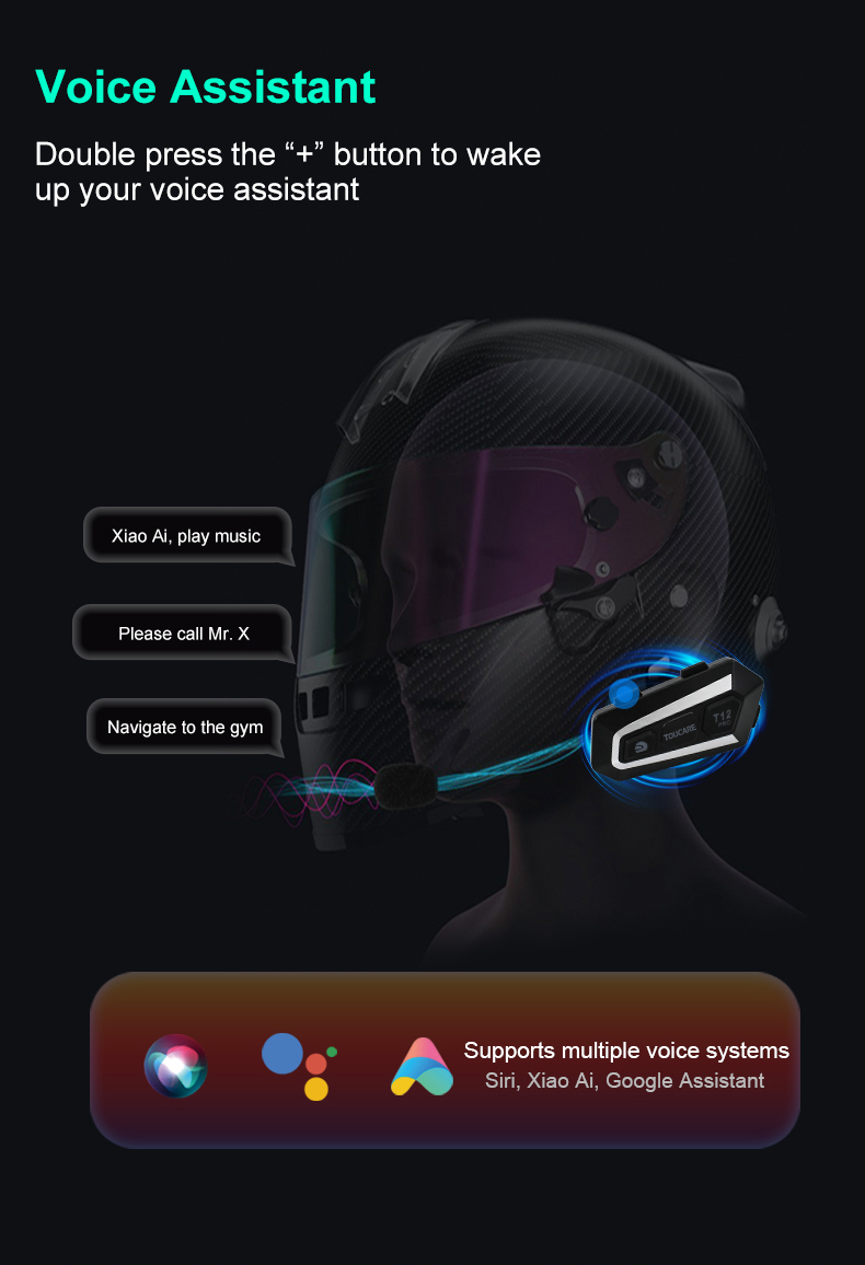 TOUCARE T12 Heavy Bass Motorcycle Intercom Bluetooth Earphones Waterproof Noise Reduction Mixing MESH Multi Person  Dedicated detail