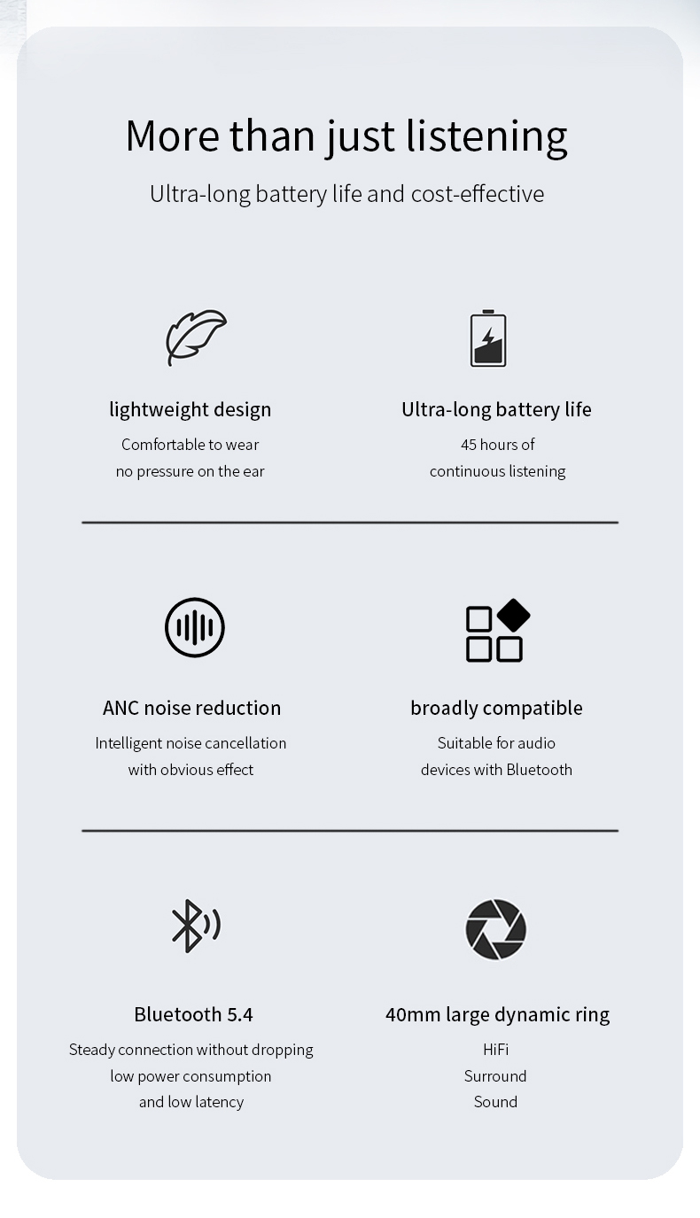 111g Ultra Light Q2 ANC Bluetooth 5.4 Wireless Headphones Active Noise Cancelling 35H Playtime Over Ear Headset HiFi Mic product view