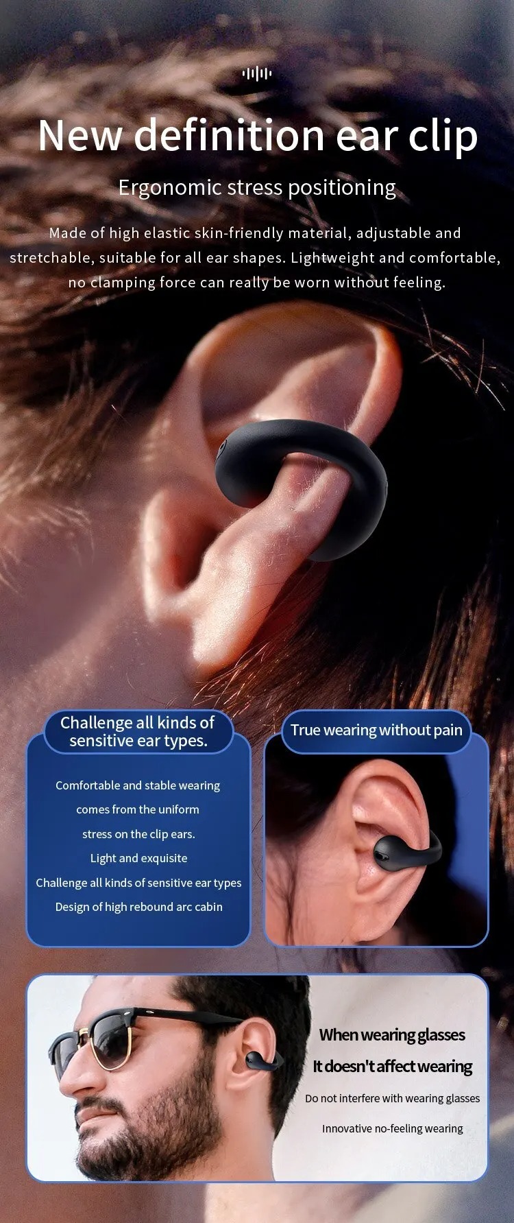 Clip-on  Earphones T75 TWS Earbuds Noise-Canceling Bone Conduction Earphones Wireless Sport Earbuds for Smart Phones detail