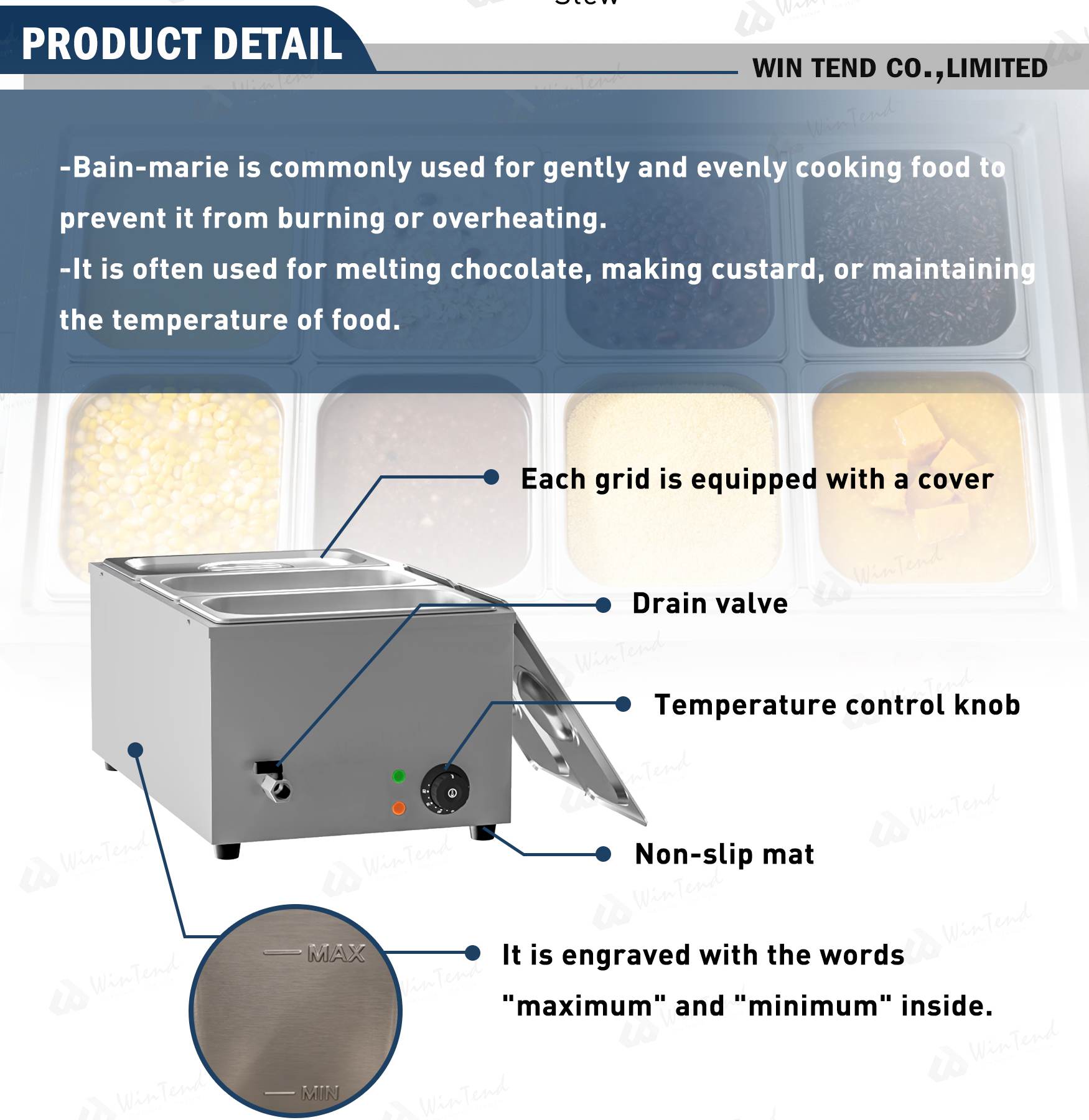 Commercial Bain Marie Food Warmer Display 4 Pans Heater Stainless Steel Electric Buffet Heater detail