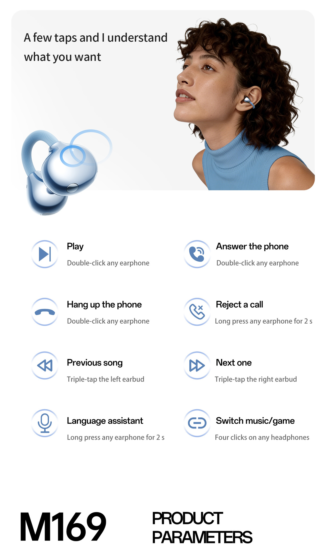 M169 Earbuds Earphone Headphone Hot-Selling Ear Clip Wireless for 6.0 Headset Voice Gesture Control Ultra-long Battery Life High detail