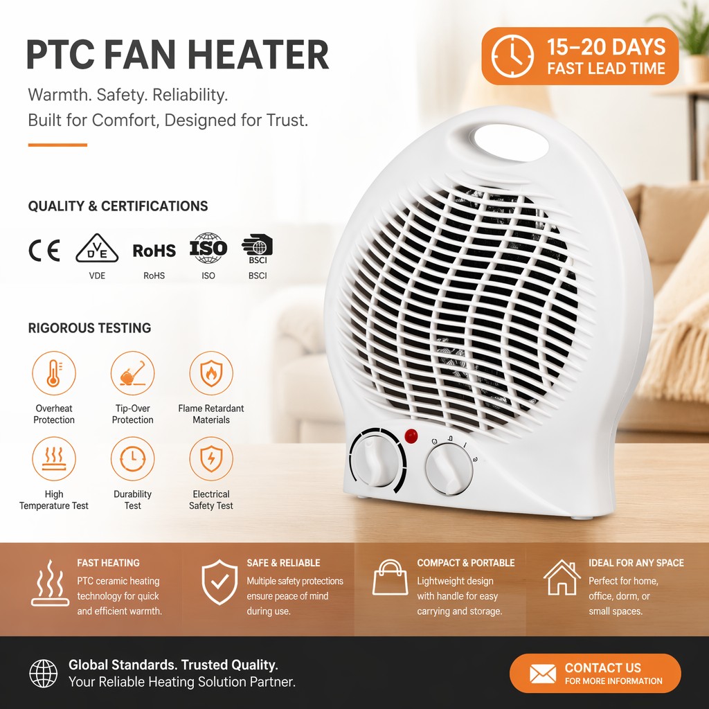Portable Fan Heater Ceramic PTC Electric Space Room Heater 1000W 2000W 2 Heat Overheat Protection Safety Fuse VDE Desktop Office detail