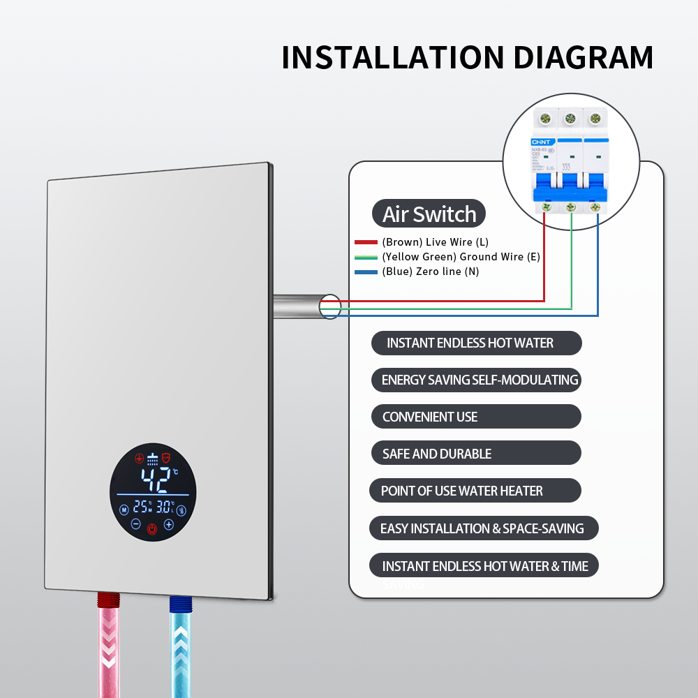 8500W Instant Electric Water Heater Plastic LED Constant Temperature English Display for Household Car RV Outdoor Garage Use product view