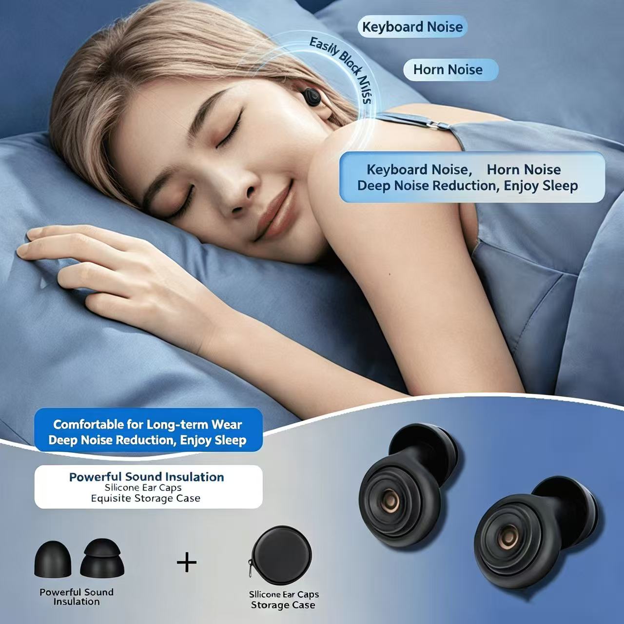 Wholesale Portable 50dB Anti Snoring Waterproof Soft Silicone Noise Cancelling Ear Plugs for Sleep Studying With Box product view