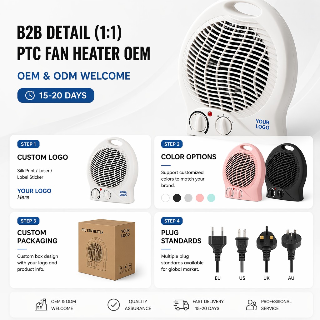 Portable Fan Heater Ceramic PTC Electric Space Room Heater 1000W 2000W 2 Heat Overheat Protection Safety Fuse VDE Desktop Office detail