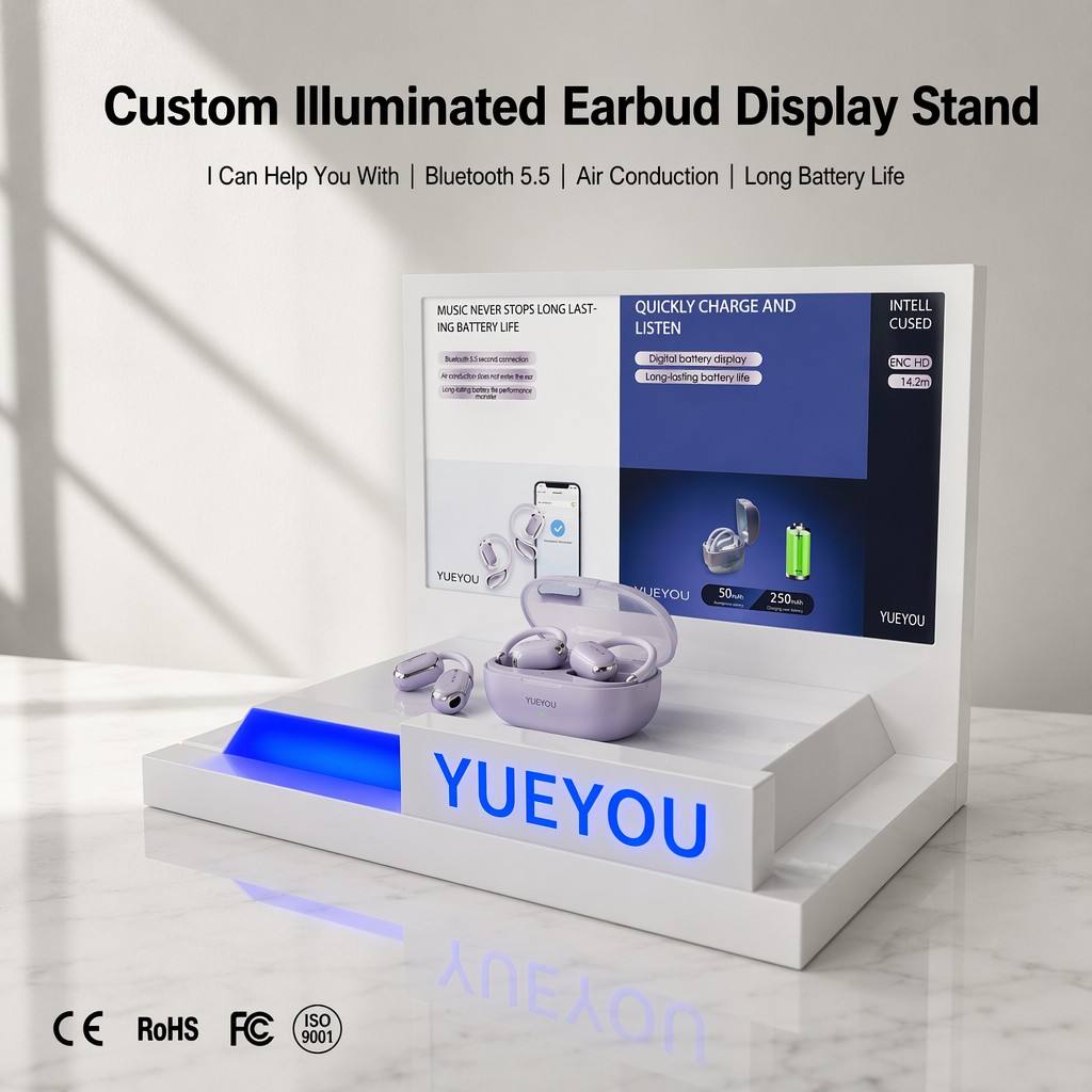 Custom OWS Open Ear Earbuds Display Stand Acrylic Shelf LED Light Guide Blue Ambient Backlight Brand Logo Wireless Earphone Easy product view