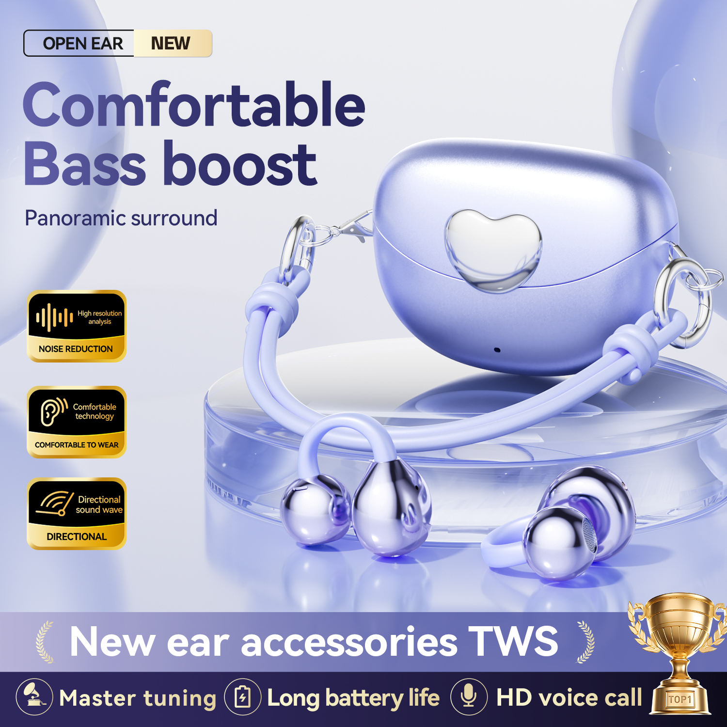 Small Bluetooth Earbuds Compact Earphones Waterproof Heart Shape Pearlescent Fashion Single-Piece Clip-on Earphones product view