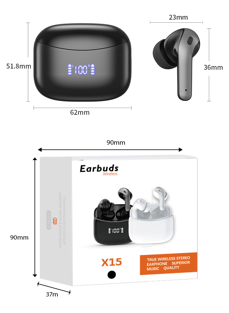 Custom Brand Portable TWS Earbuds Mini OEM X15 Wireless In-Ear Earphones Touch Control Fast Wireless Charging Digital Display JL detail