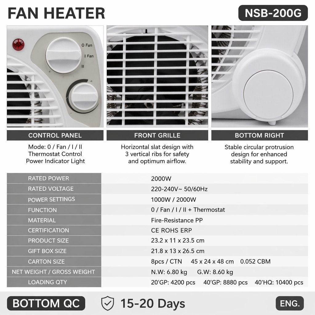 Portable Fan Heater Thermostat Compact Space Heater 3 Mode Warm Hot 2000W Adjustable Temp Overheat Fire Proof CE ROHS ERP Home detail
