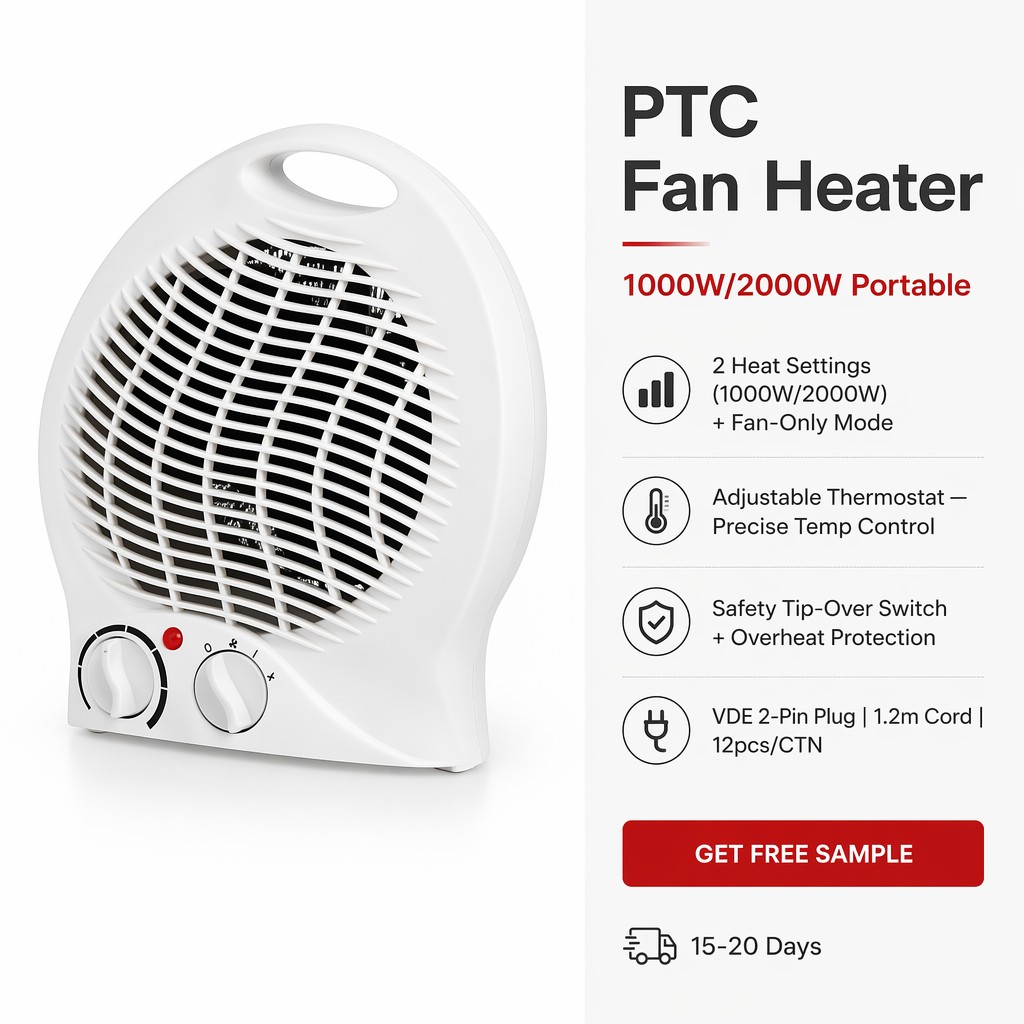 Portable Fan Heater Ceramic PTC Electric Space Room Heater 1000W 2000W 2 Heat Overheat Protection Safety Fuse VDE Desktop Office detail
