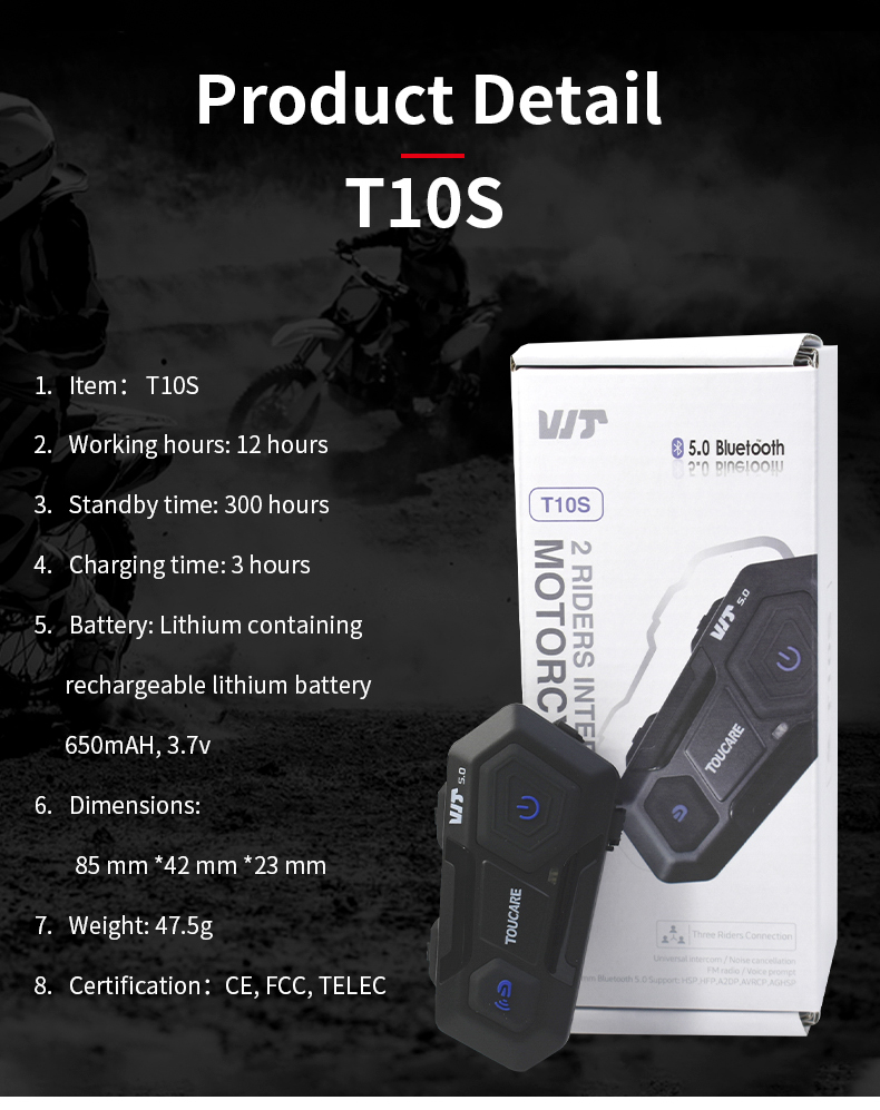 T10S Pro Voice Wake up Helmet Bluetooth Earphones Waterproof Noise Reduction Ultra Long Endurance Mesh Multi Person Intercom detail