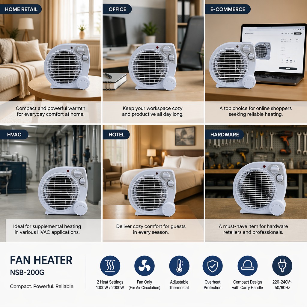 Compact Fan Heater Portable Thermostat Space Room Heater 3 Mode Warm Hot 2000W Auto Control Fire Resistant CE ROHS ERP Office product view