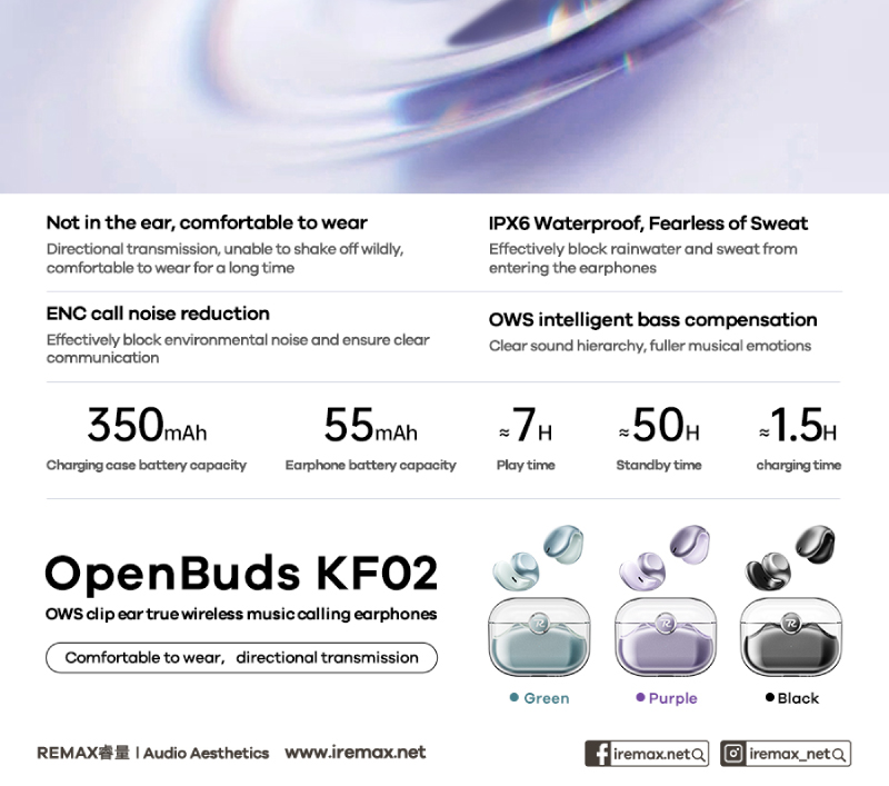REMAX OpenBuds KF02 OWS True Wireless Earbuds Music and Call Earclip Headphones Non-Noise Cancelling Earphones product view