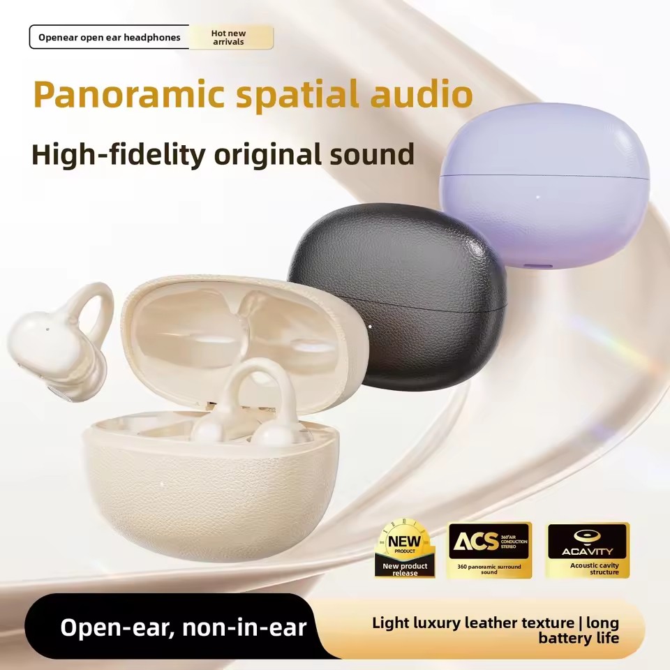 Leather Texture Wireless Earphones & Headphones with Open-World Sports 6.0 Ergonomic Ear-clip Design Big Battery TWS Earbuds detail