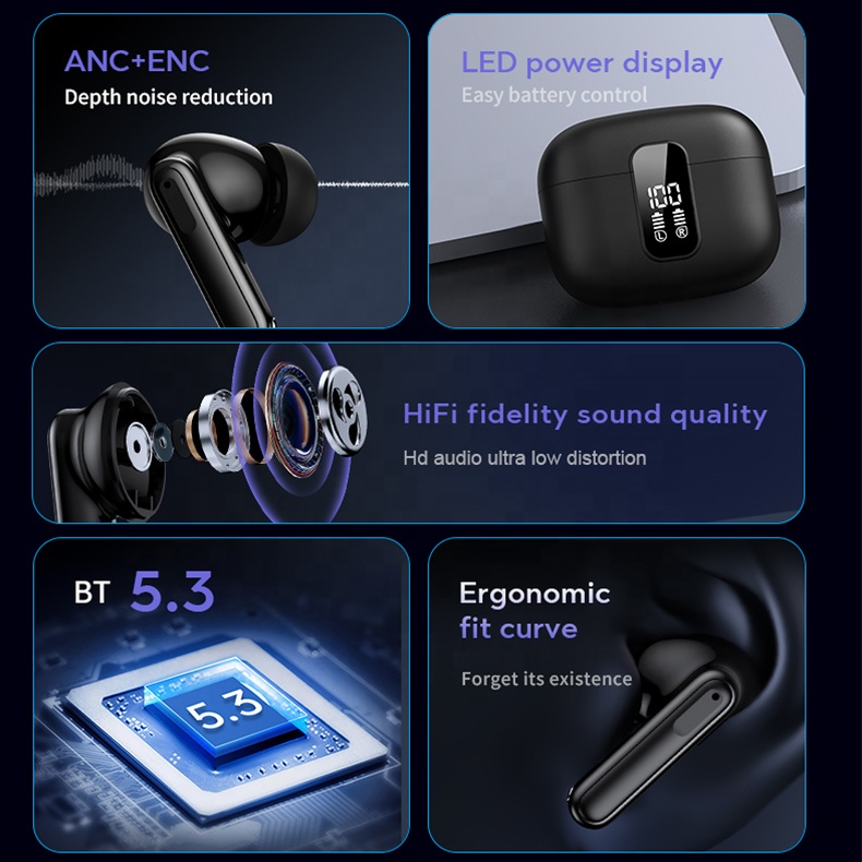 2025 Wireless Earphones with Noise Cancelling Sport Earbuds Headset Smart Touch Microphone ENC TWS Earphone product view